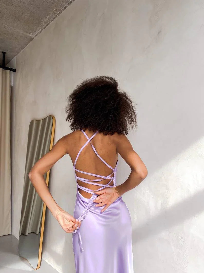 Formal Wear Dresses Lavender Spaghetti Straps Women Open Back Drawstring Sexy Flowy Dress for Romantic Date Bridesmaid Party Prom Dresses/ Prom Shop Dresses